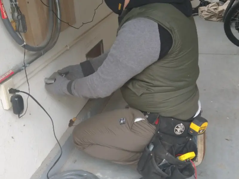 Electrician performing outlet wiring in a Cambria garage